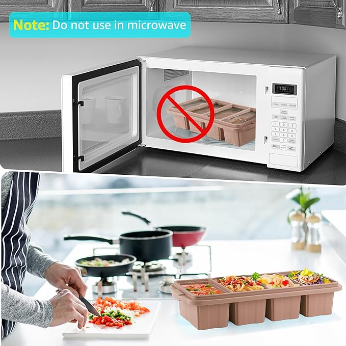 Silicone Freezer Tray With Lid - Silicone Freezer Food Molds- Large Ice Cube Tray,Silicone Freezer Container,Freeze & Store Soup, Sauce, Broth,Leftovers - Makes 4 Perfect 1 Cup