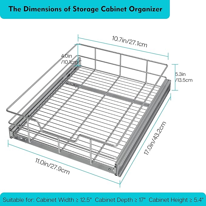 Pull Out Cabinet Organizer 11" W X 17" D, Slide Out Drawers For Kitchen Organizers and Storage, Pull Out Drawers For Cabinets Capacity Heavy Duty Caddy, Cabinet Shelves Chrome-Plated, Bathroom Pantry