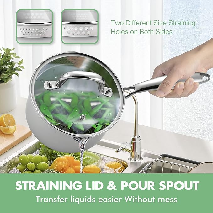 2.5 Quart Stainless Steel Pot Saucepan with Glass Strainer Lid, Sauce Pot with Two Side Spouts, Induction Cooking Pot, Multipurpose Sauce Pan with Lid for Cooking(Tri-Ply Full Body)