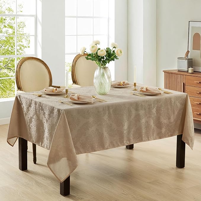 Newbridge Barcelona Luxury Damask Fabric Tablecloth, 52” Wide x 52” Square, Golden Beige, 100% Polyester, No Iron, Soil Resistant Dining Room, Party and Banquet Table Cover
