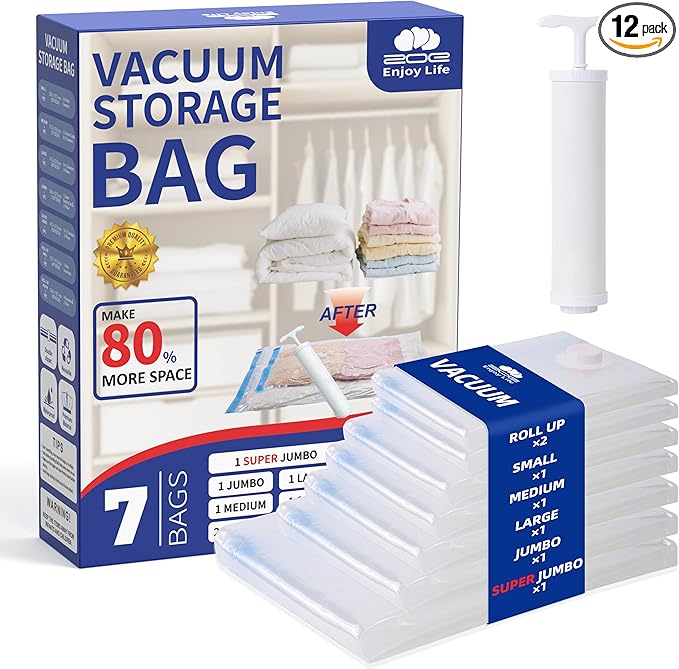 Vacuum Storage Bags for Clothing Travel,7 Pack Vacuum Bags with Pump,Space Saver Bag for Clothes Travel & Home (2 Roll Up Bags,1 Small,1 Medium,1 Large,1 Jumbo,1 Super Jumbo)