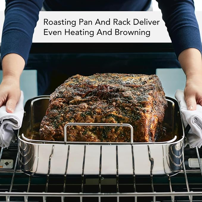KitchenAid 5-Ply Clad Stainless Steel Roasting Pan/Roaster with Removable Rack, 15 Inch x 11.5 Inch - Polished Stainless Steel
