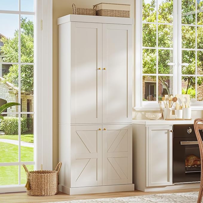70.8" Tall Farmhouse Kitchen Pantry Cabinet with Doors, Modular Storage Cabinet with 4-Tier Adjustable Shelves, White, Wooden Hutch for Kitchen, Living Room