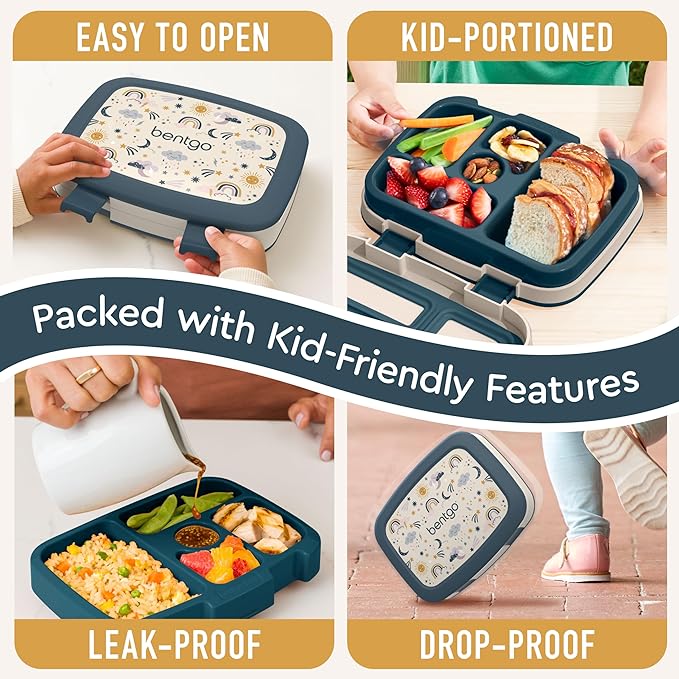Bentgo Kids Prints Leak-Proof, 5-Compartment Bento-Style Kids Lunch Box - Ideal Portion Sizes for Ages 3-7, Durable, Drop-Proof, Dishwasher Safe, & PFAS & BPA-Free Materials (Friendly Skies)