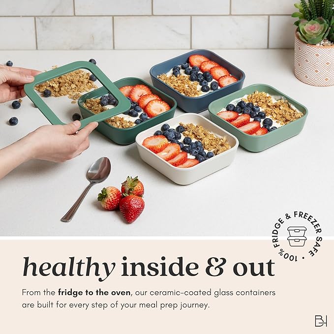 Ceramic Coated Glass Food Storage Container | No PTFE, PFOA, PFAS, and BPA | Reusable Non Toxic Meal Prep Container with Glass Lid | Easy To Store | 6 Piece Food Prep [Onyx]