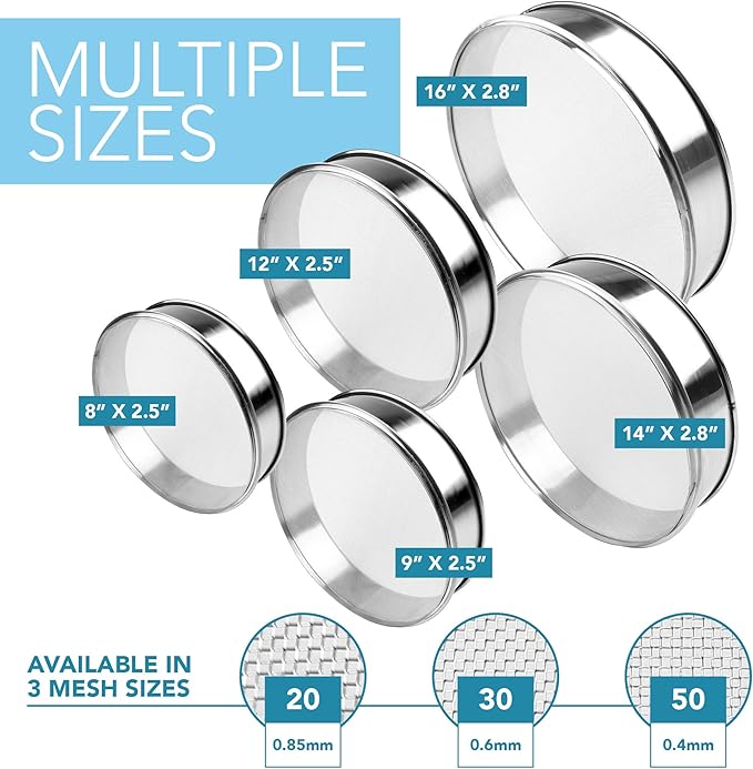 Stainless Steel Flour Sifter Fine Mesh Round Flour Sieve for Baking 14" Diameter x 2.88" High; 50 Mesh (Hole Size 0.3mm)