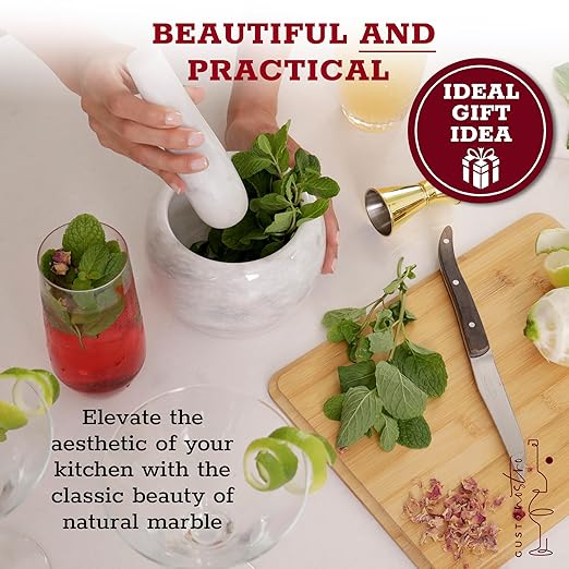 Gusto Nostro Natural Marble Mortar and Pestle Set | 6 Inch - 3.5 Cup Extra Large Mortar Pestle Set for Grinding Herbs, Nuts, Grains | Pesto Grinding and Guacamole Stone Bowl | Marble Spice Crusher