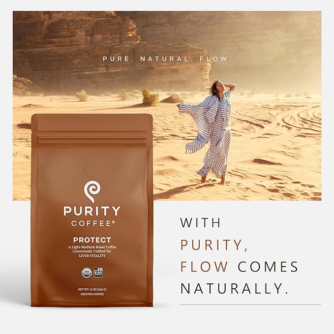 Purity Coffee PROTECT Light-Medium Roast Ground Coffee for Liver Vitality - USDA Organic and Third-Party Tested for Antioxidants, Mold, Mycotoxins and Pesticides - 12oz (Purity Protect, light_roast) | Ground| PROTECT