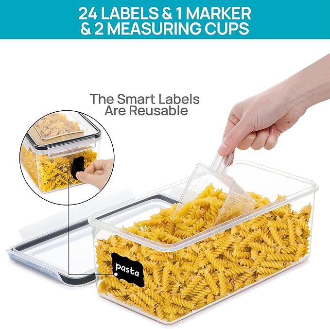 Vtopmart Airtight Food Storage Containers with Lids 4PCS Set 3.2L, Plastic Spaghetti Canisters for Pasta organizer, BPA Free Air Tight Kitchen Pantry Organization