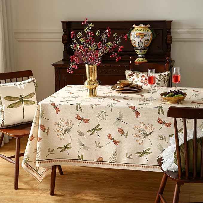 ISAENNE Designer Floral Linen Extra Long Table Cloth Rectangle,French Off White Elegant Tablecloth,Washable Home Decor Tablecloths for Dining Thanksgiving Kitchen Christmas,63"*110"-Grace B
