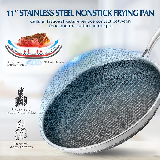 Non Stick Frying Pans, 12 inch Nonstick Skillet with Lid made of Stainless Steel with Honeycomb for Cookware Breakfast Egg- Induction Ceramic Gas Cooktop and Oven Safe Frying pan.