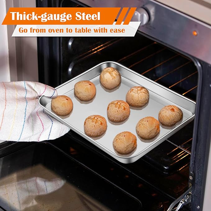 E-far Small Baking Sheet Set of 3, 10.5”x8.3” Stainless Steel Cookie Sheets Pans, Compact Non-toxic Metal Toaster Oven Trays for Cake, Healthy & Rust Free, Mirror Finish & Dishwasher Safe