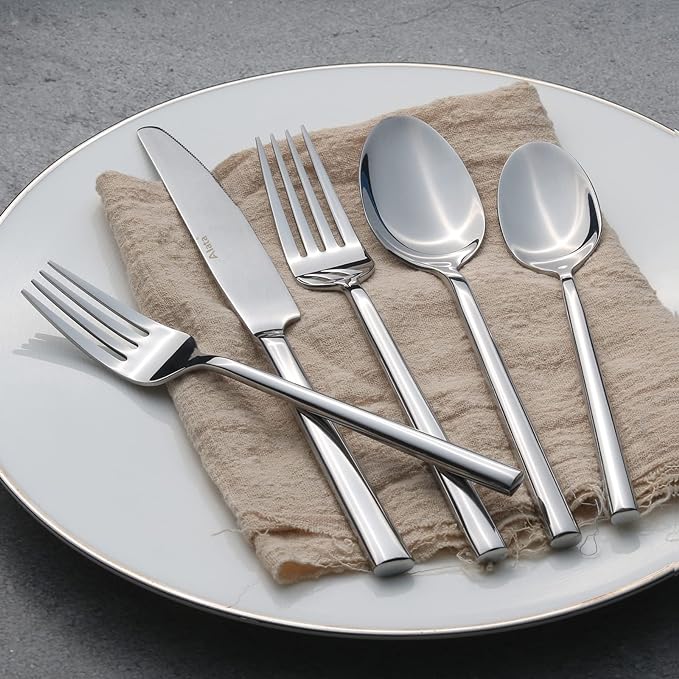 Alata Potter 60-Piece Forged Silverware Set Stainless Steel Flatware Set Cutlery Set, Service for 12, Mirror Finish, Dishwasher Safe