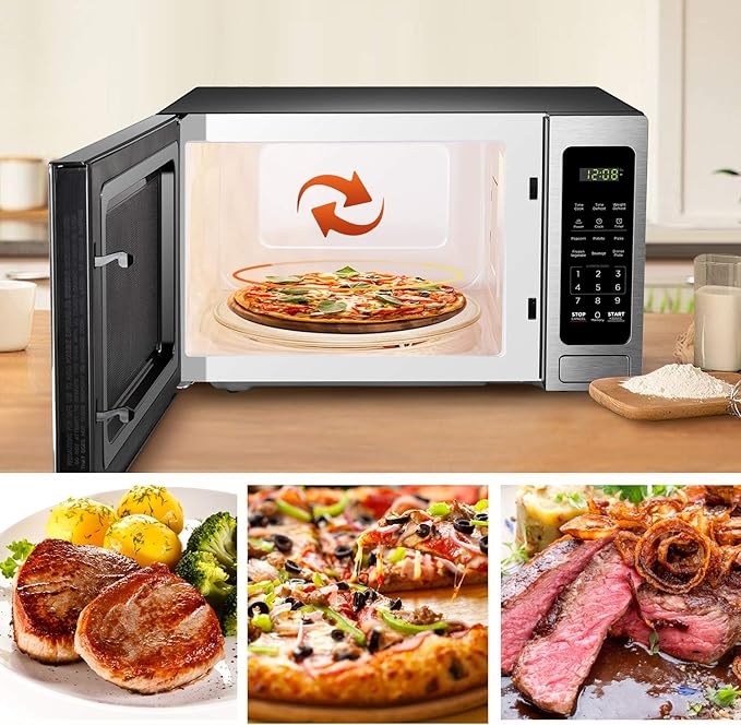 BLACK+DECKER EM036AB14 Digital Microwave Oven with Turntable Push-Button Door, Child Safety Lock, Stainless Steel, 1.4 Cu.ft