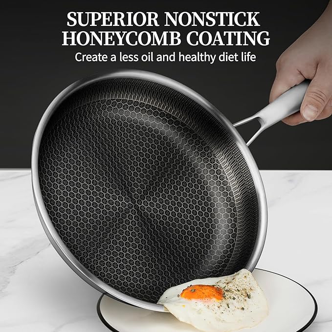 6-Piece Stainless Steel Frying Pan Set with Lids, Honeycomb Nonstick, Induction Compatible, PFOA Free