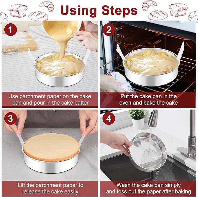 LIANYU 8 Inch Round Cake Pan Set of 2, Stainless Steel Baking Pans with 60 PCS Parchment Paper, Metal Circle Layer Cake Tins for Birthday Christmas Party, Oven & Dishwasher Safe