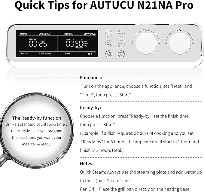 N21NA Pro Slow Cooker 10 Quart, 8-in-1 Programmable PFOA-Free Ceramic Coated Multi-Cooker with Grill Pan, Steaming Plate (Includes Silicone Spoon & Tongs)