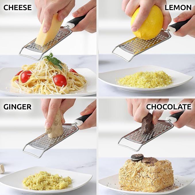 Zulay Kitchen Professional Cheese Grater Stainless Steel - Durable Rust-Proof Metal Lemon Zester Grater With Handle - Flat Handheld Shredder for Parmesan, Chocolate, Spices, And More - 2 Pack - Black