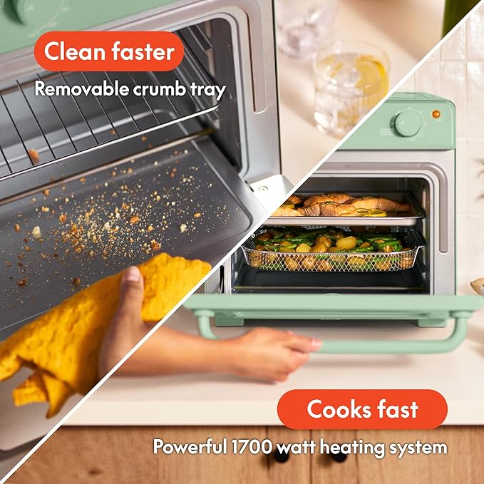 bella Air Fry Toaster Oven, 7 Preset Cooking Options, Dishwasher-Safe EverGood Coated Trays Included, 60-Minute Auto Shutoff w Audible Timer, Power Indicator Light, 1700 Watt, Seaglass