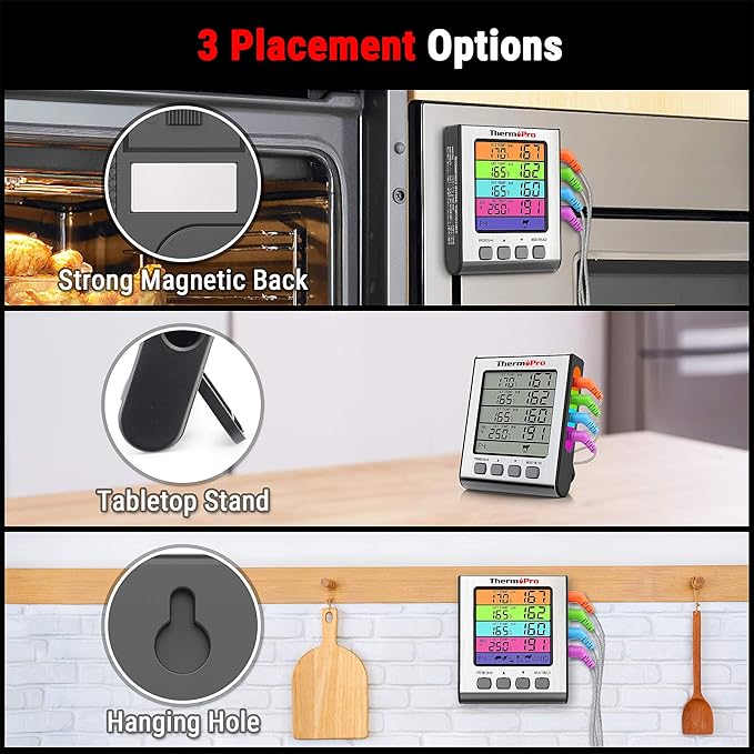ThermoPro TP17H Digital Meat Thermometer with 4 Temperature Probes, HI/LOW Alarm Smoker Food Thermometer with Colored Backlit LCD, BBQ Thermometer for Cooking Grilling Kitchen Oven Barbecue Turkey