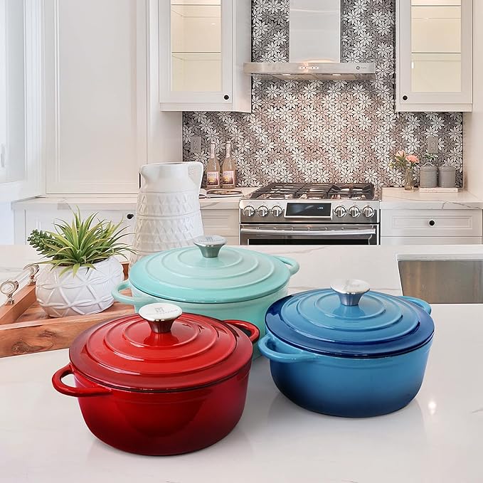 Trustmade 4.5 QT Cast Iron Dutch Oven, Enamel Coated Cookware Pot with Self Basting Lid for Home Baking, Braiser, Cooking, Blue
