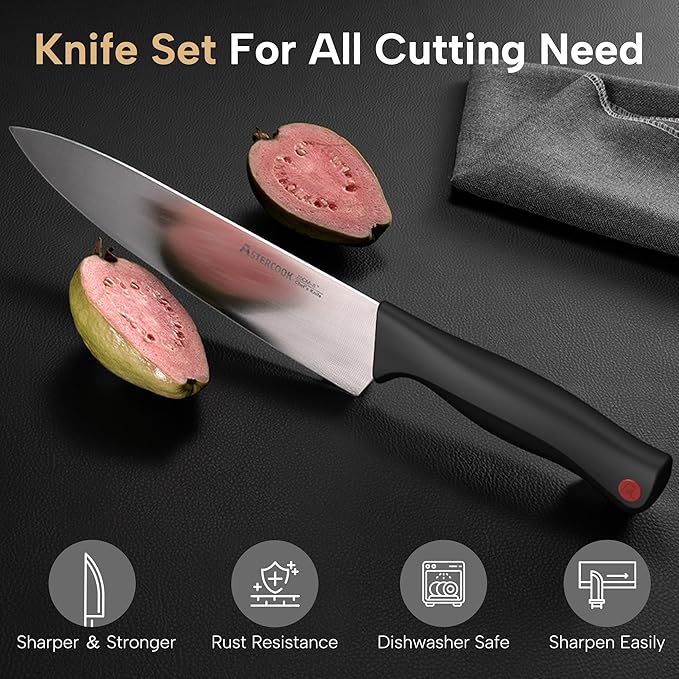 Astercook Knife Set, 15 Pieces Kitchen knives Set with Built-in Sharpener, High Carbon German Stainless Steel Chef Knife Block Sets, Sharp & Rust Resistant Dishwasher Safe, Black