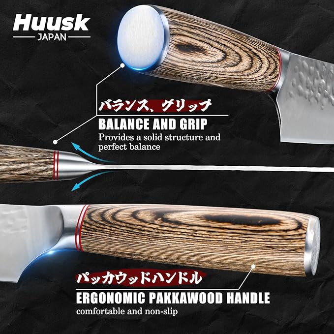 Huusk Japanese Kitchen Knife Set, 3-Piece Professional Chef Knives Set for Kitchen, Hand Forged Butcher Knife Set for Meat Cutting, Meat Cleaver Boning Knife with Pakkawood Handle, Gift for Men