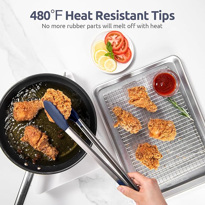 Heat Resistant Silicone Kitchen Tong: U-Taste 16 inch Extra Long Large 480ºF Hot Proof Cooking Tong with Sturdy Non Stick Rubber Tips & Non Slip Silicon Coated Steel Handle for Grill BBQ-Midnight Blue