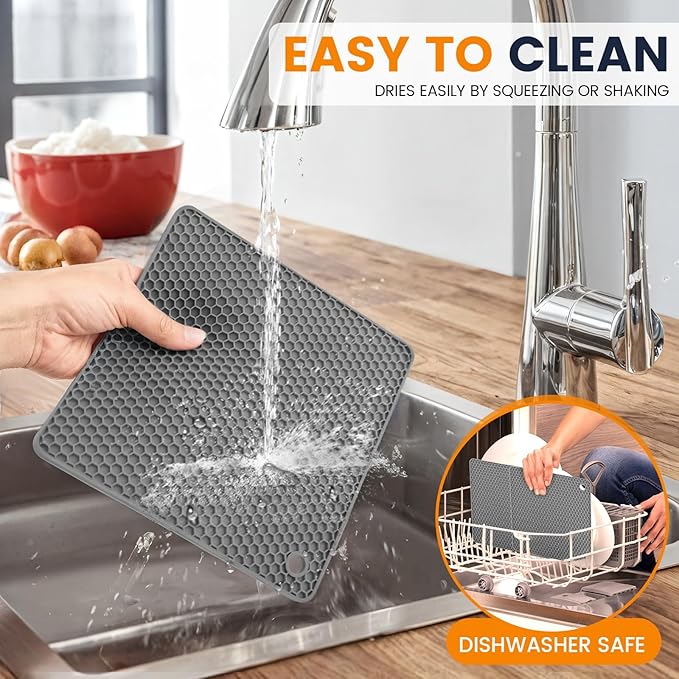 Silicone Trivet Mats 4 Heat Resistant Pot Holders Multipurpose Non-Slip Hot Pads for Kitchen Potholders, Drying mat, Jar Opener, Spoon Holder, Coaster.(Grey)