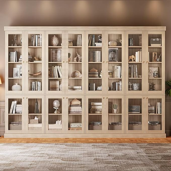 70.8" Bookshelf with Glass Doors, Farmhouse Modular Bookcase with 6-Tier Adjustable Shelves, Large Storage Cabinet for Living Room & Home Office, Set of 3, Brown