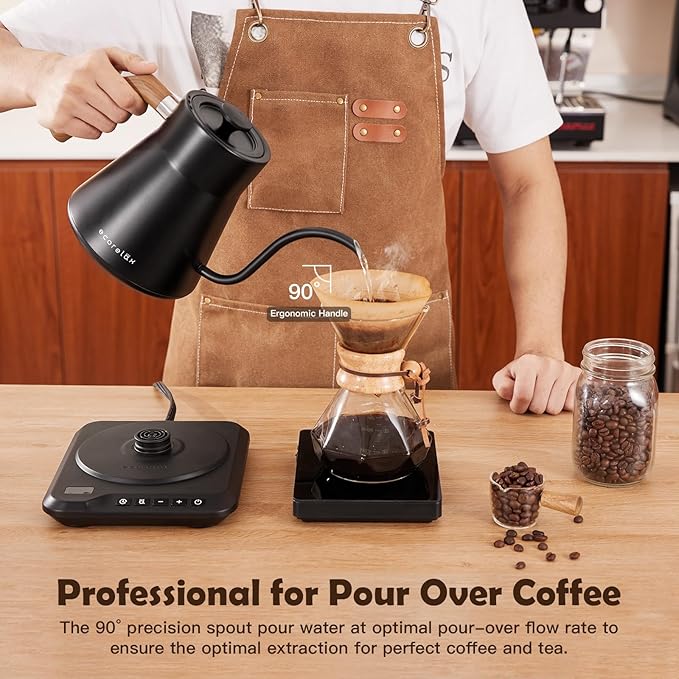 ECORELAX Gooseneck Electric Kettle, ±1℉ Temperature Control Pour Over Kettle for Coffee, Tea & Water, Stainless Steel 1200 W Keep Warm OLED Display 1 L (Black)