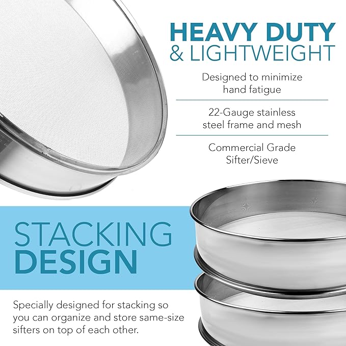Stainless Steel Flour Sifter Fine Mesh Round Flour Sieve for Baking 9.5" Diameter x 2.5" High; 50 Mesh (Hole Size 0.3mm)