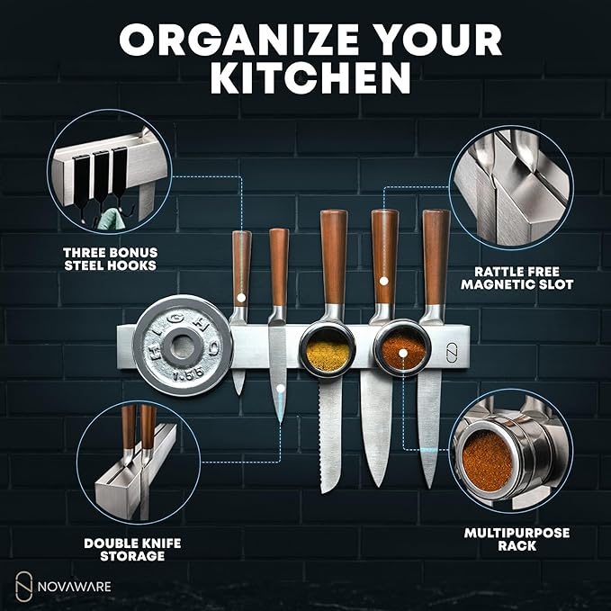 16" Adhesive Magnetic Knife Holder for Wall (No Drill) with 2x Storage - Safe, Patented Storage Design - Stainless Steel Magnet Knife Holder Strip - Magnetic Kitchen Organizer, Tool Storage