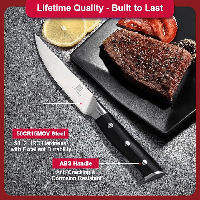 4.5 Inch Steak Knives Set of 6, Micro-Cutting Point Serrated Edge, Very Sharp Steak Knife, Dishwasher Safe, 50CR15MOV Stainless Steel, Handle Ergonomic And Full Tang Design With Gift Box