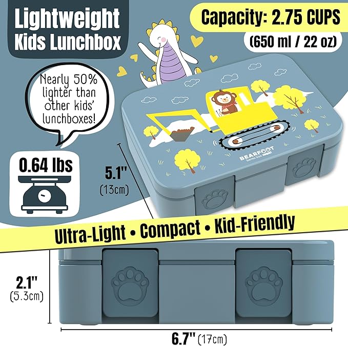 Kids Lunch Box with Compartments – Compact & Lightweight | Leak-Proof, BPA-Free, Dishwasher & Microwave Safe | Hand-Drawn Design for Preschool, School, Travel (Excavator Monkey Blue, 2.75 Cups)