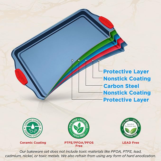 NutriChef Nonstick 3-Piece Baking Pans Set – Carbon Steel Bakeware with Blue Coating Inside & Outside and Red Silicone Handles, Durable and Reliable, Effortless Baking and Easy Cleanup (Blue)