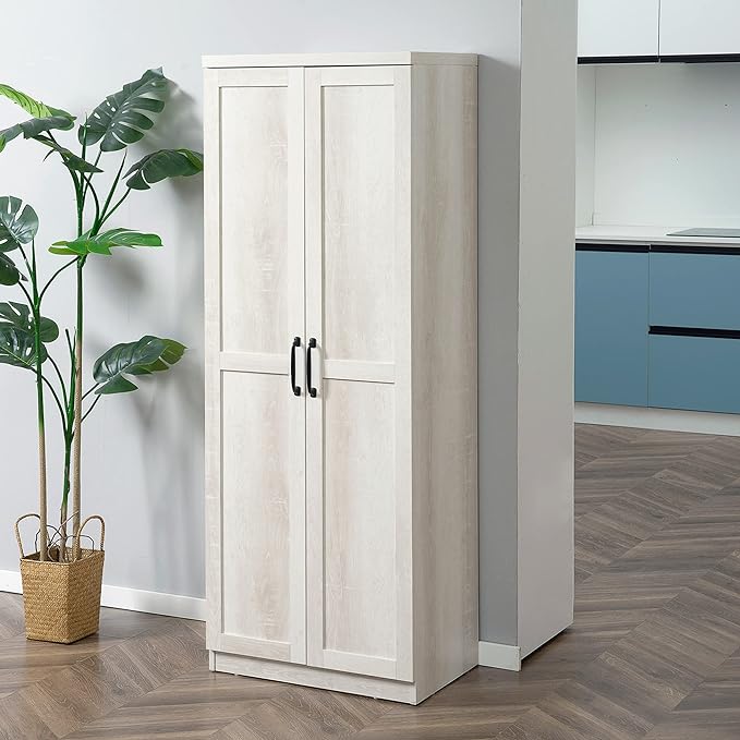 HOMCOM 63" 2-Door Kitchen Pantry, Freestanding Storage Cabinet with 5-Tier Shelving and 2 Adjustable Shelves for Dining Room, Antique White