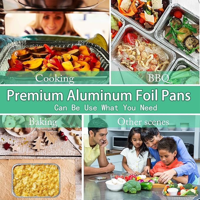 WANBAO 50 PACK 8.3"x6.2" Disposable Tin Foil Pans with Plastic Lids 2.25LB Aluminum Foil Food Containers for Cooking, Baking, Catering Party Meal Prep, Take Out, Freeze, Food Storage