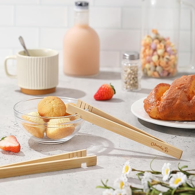2PCS Reusable Toaster Tongs, OHOLA 8 inch Bamboo Cooking Tong, Multipurpose Wooden Tongs for Toaster, Fruits, Bread, Pickles, Cheese, Bacon, and Muffins (Stylish Pattern)