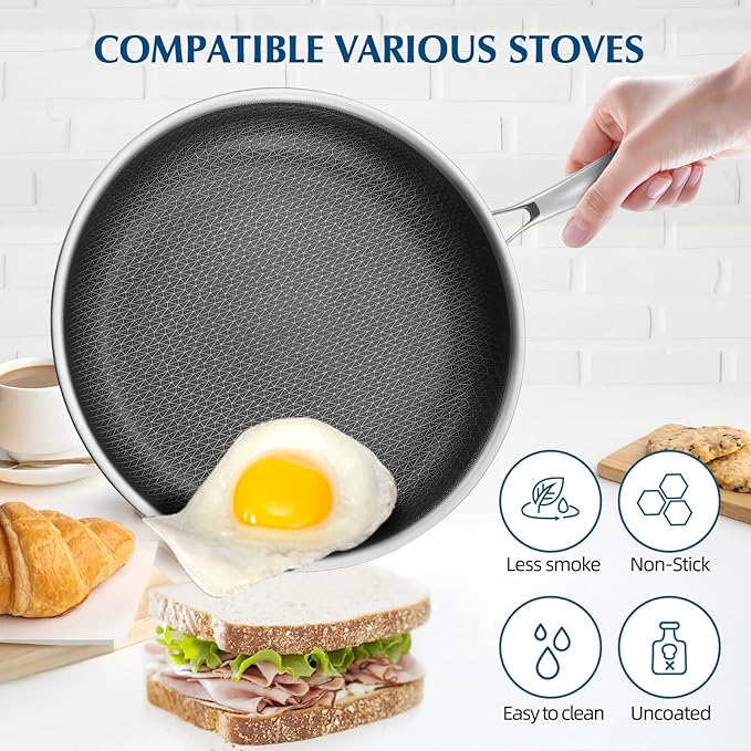 Non Stick Frying Pans, 12 inch Nonstick Skillet with Lid made of Stainless Steel with Honeycomb for Cookware Breakfast Egg- Induction Ceramic Gas Cooktop and Oven Safe Frying pan.