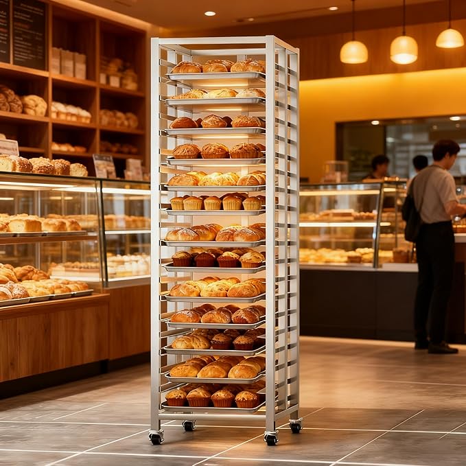 Bun Pan Rack, Commercial Bakery Sheet Rack with Brake Wheels, 15-Tier Stainless Steel Baking Tray Food cart ，for Bakeries Restaurant & Catering（Trays Not Included） ﻿ (15 Tier)