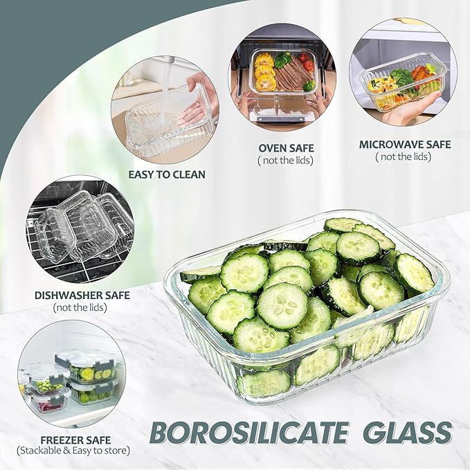 KOMUEE 10 Packs Glass Meal Prep Containers with Lids, Glass Food Storage Containers Set, Airtight Lunch Containers, Microwave, Oven, Freezer and Dishwasher Safe, Gray