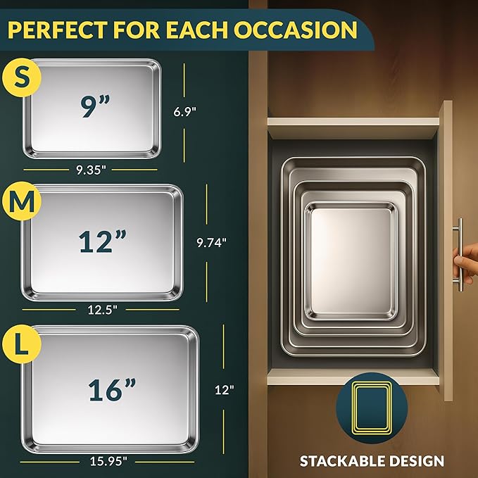 Baker’s Signature Stainless Steel Cookie Sheet Pan, Stainless Steel Baking Sheet Set of 3, Mirror Finish, Non-Stick, Rust Resistant, BPA Free, Dishwasher Safe, 9/12/16 Inch