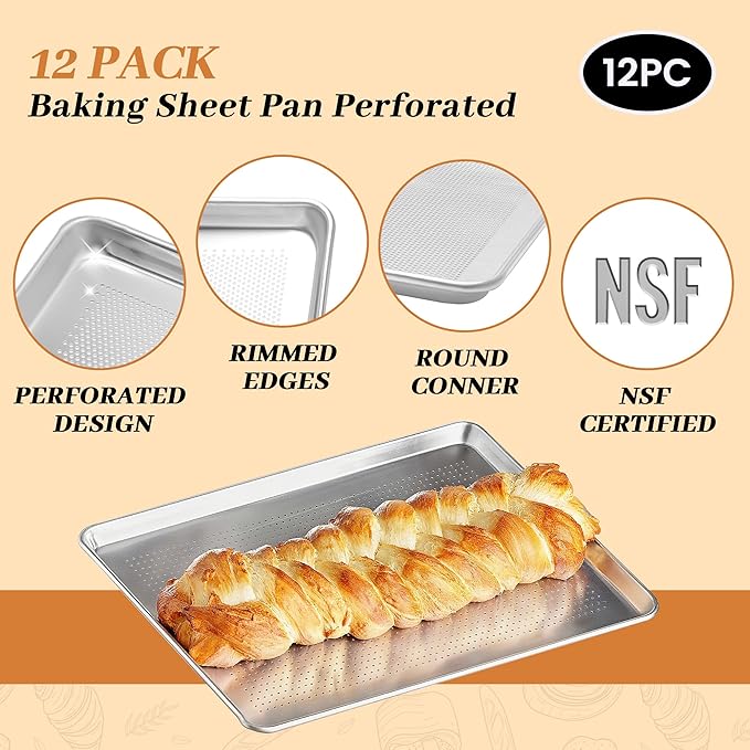 12 Pack Half Size Baking Sheet Pans Perforated, Aluminum Commercial Cookie Sheets Non-Stick, 18"x13"