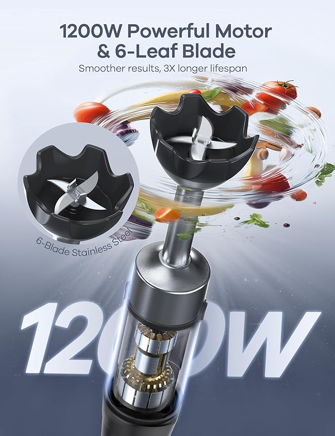 Ganiza Immersion Blender, Max 1200W Heavy Duty Hand Blender with Time Display & Variable Speed Trigger, 9-in-1 Electric Handheld Mixer with Chopper Whisk Frother Beaker Ideal for Soup Puree Smoothies