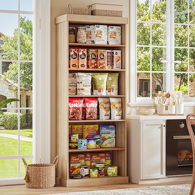 70.8" Tall Brown Bookshelf with Glass Doors, Farmhouse Modular Bookcase with 6-Tier Adjustable Shelves, Large Storage Cabinet for Home Office, Living Room