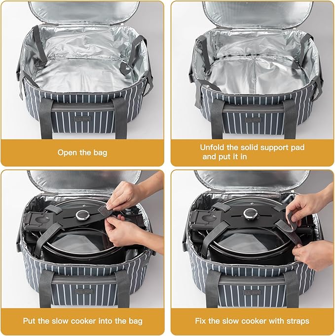 Fun Elements Double Layer Slow Cooker Carrier Bag for 6-8 Quart Oval CrockPot, Insulated Crock Pot Travel Bag with Support Pad and Adjustable Straps, Top Zip Compartment and Front Pocket for Utensils