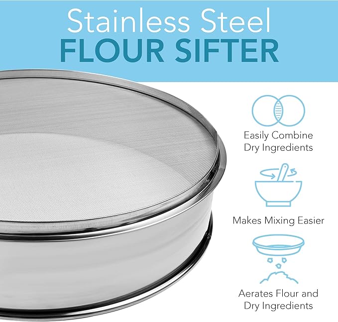 Stainless Steel Flour Sifter Fine Mesh Round Flour Sieve for Baking 8" Diameter x 2.5" High; 50 Mesh (Hole Size 0.3mm)