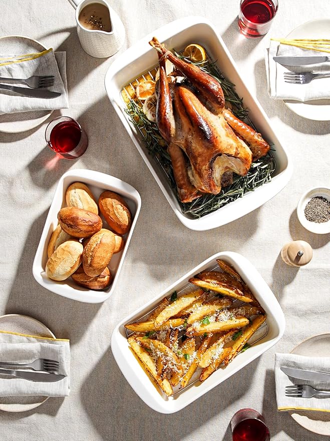 LE TAUCI Deep Casserole Dishes for Oven, 13.7”x9.6” Ceramic Baking Dish Set with Roasting Racks, Large Lasagna Pans with Handles, Rectangular Bakeware as Gift for Mom, White (4.6QT/3.0QT/1.6QT), Set of 3