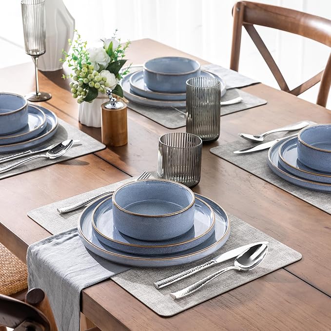 GBHOME Ceramic Dinnerware Sets for 4, 12 Pieces Stoneware Plates and Bowls Sets, Reactive Glaze Dishes -Scratch Resistant, Dishwasher&Microwave Safe-Brunnera Blue